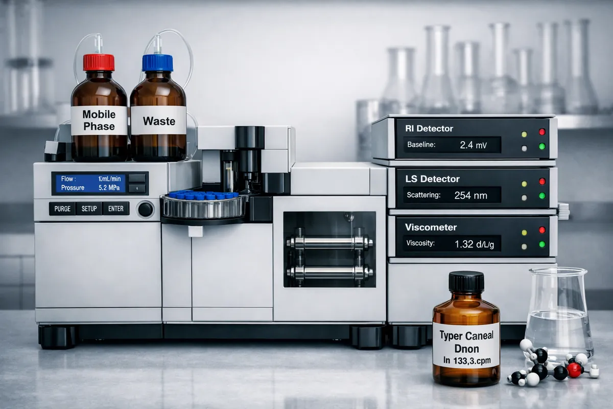 Gel permeation chromatography system with RI, light scattering and viscometer detectors