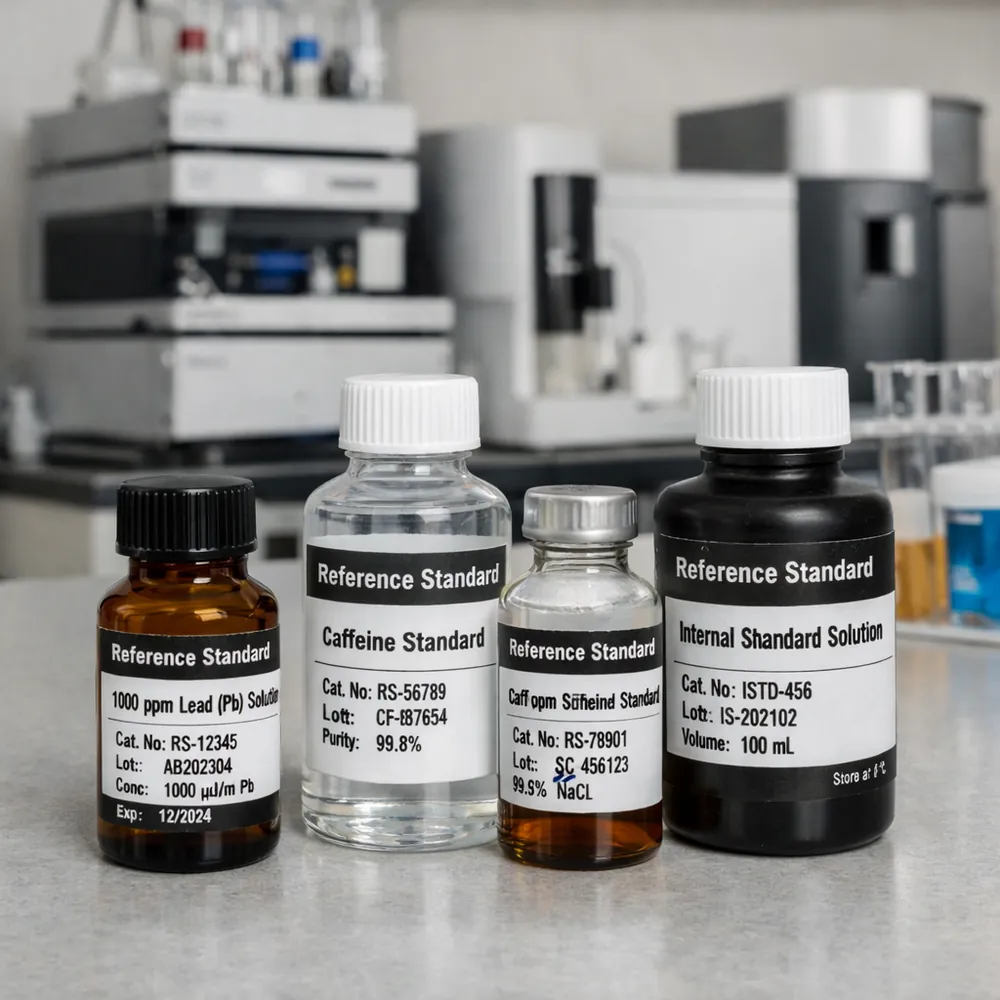 Volumetric flasks of prepared standard solutions on a laboratory bench