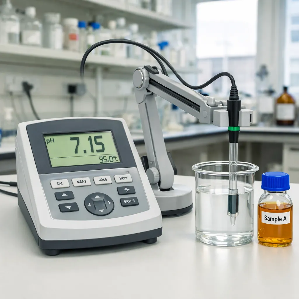 Benchtop pH meter with electrode and buffer solutions